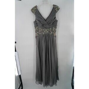 Let's Fashion Gray Chiffon Maxi Prom Gown Rhinestone Beaded Waist V Neck Sz L